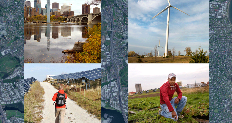 Four pictures: Minneapolis downtown and river, a wind turbine, a person walking on a path towards solar panels, a person kneeling in an agricultural field