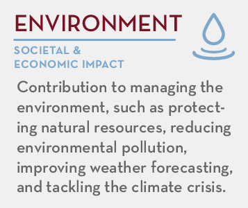 Environment - societal and economic impact: Contribution to managing the environment, such as protecting natural resources, reducing environmental pollution, improving weather forecasting, and tackling the climate crisis.