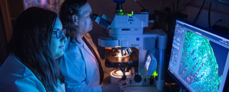 Two researchers in a dim lab, looking at a computer monitor and in a microscope