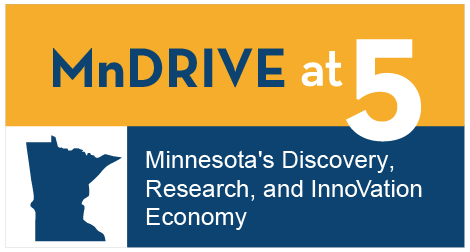 blue and yellow graphic with an outline of the state of Minnesota: MnDRIVE; Minnesota’s Discovery, Research and InnoVation Economy